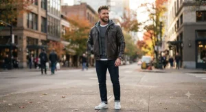 Sporty men's casual leather jacket featuring a removable gray hood for a versatile look.