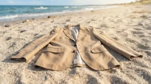 A breathable beige mens formal jacket designed for beach weddings and warm celebrations.