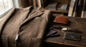 A versatile brown tweed mens formal jacket styled for a smart-casual autumn look.