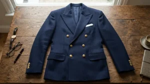 A sophisticated double-breasted mens formal jacket featuring sharp peak lapels and gold buttons.