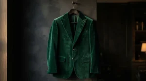 A bold emerald green velvet mens formal jacket crafted for statement holiday party outfits.
