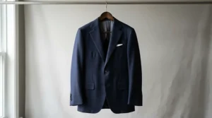 A sophisticated navy blue mens formal jacket paired with matching trousers on a minimalist display stand.