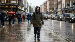 A man wearing a hooded military style jacket men in rainy weather