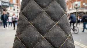 Close-up shot highlighting the diamond quilt pattern jacket details on a stylish mens quilted bomber jacket.