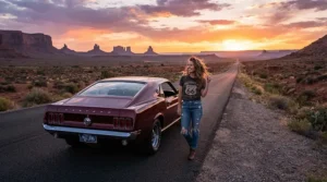 Mens vintage leather biker jacket captured during a scenic road trip sunset.