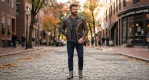 Full-body view of a man modeling a vintage casual leather jacket with neutral boots and denim.