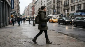 A man wearing a military style jacket men outfit walking down a city sidewalk