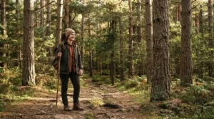 An illustration of a man in a military style jacket men exploring a forest trail