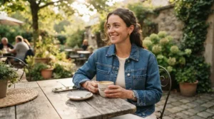 A man wearing a boxy oversized denim jacket men style at a local coffee shop patio.