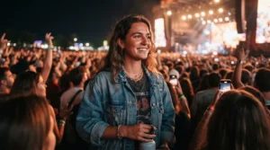 Concert outfit featuring an oversized denim jacket men trend at an evening music venue.