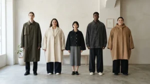 A sizing guide graphic depicting oversized denim jacket men proportions and shoulder drops.