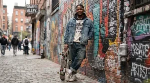 A man styling an oversized denim jacket men fashion look in a city downtown alley.