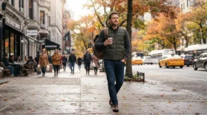 A man wearing a stylish puffer vest men outfit while walking through a downtown autumn park.