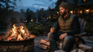 A cozy puffer vest men garment keeping warm by a backyard fire pit during cool evening hours.