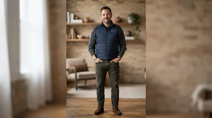 A sophisticated puffer vest men outfit paired with a knit turtleneck sweater for cold weather.