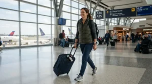 A traveler wearing a comfortable puffer vest men layer navigating a busy airport terminal.