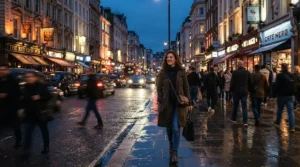 Evening city lights reflecting as a man in a quilted bomber jacket men silhouette walks downtown.