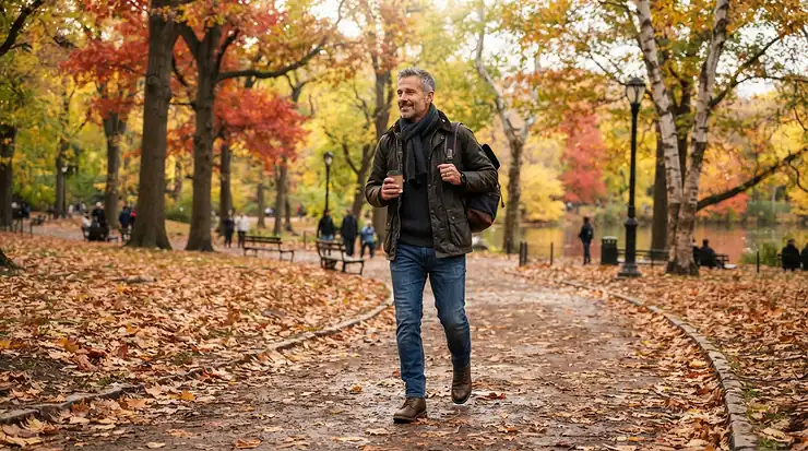 A man wearing a quilted bomber jacket men style walks through a New York park on a crisp autumn afternoon.