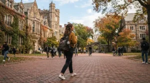 A college student walking across a historic university campus wearing a warm quilted bomber jacket men style.