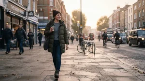 A man commuting to work in a chilly city morning while staying warm in a quilted bomber jacket men design.