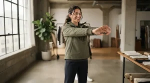 Fit check demonstration from a racing jacket sizing guide highlighting shoulder and arm mobility