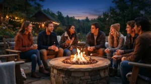 Friends gathered around an outdoor firepit at night, one wearing a sherpa lined denim jacket men