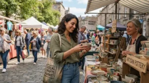Man browsing a local outdoor weekend market wearing a durable sherpa lined denim jacket men