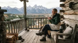 Man relaxing by a wooden cabin porch wearing his favorite sherpa lined denim jacket men