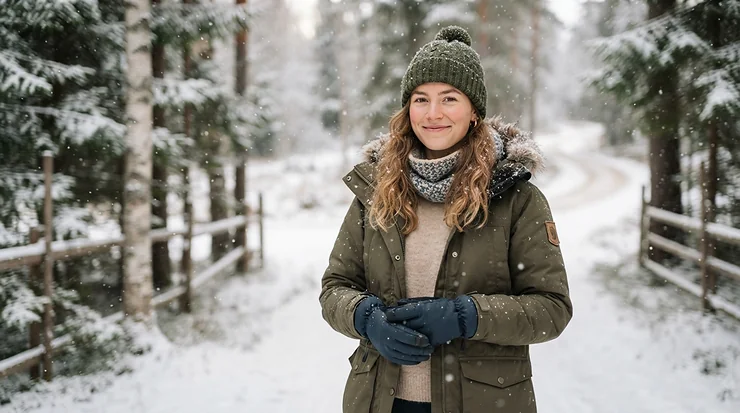 Man standing in light snow wearing a warm sherpa lined denim jacket men for winter weather