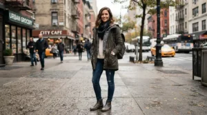 Street style shot featuring a sherpa lined denim jacket men styled with casual streetwear