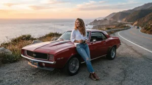 Traveler wearing a sherpa lined denim jacket men leaning against a vintage car on a road trip