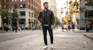 Modern slim-fit casual leather jacket for men showcasing clean lines and zipper details.