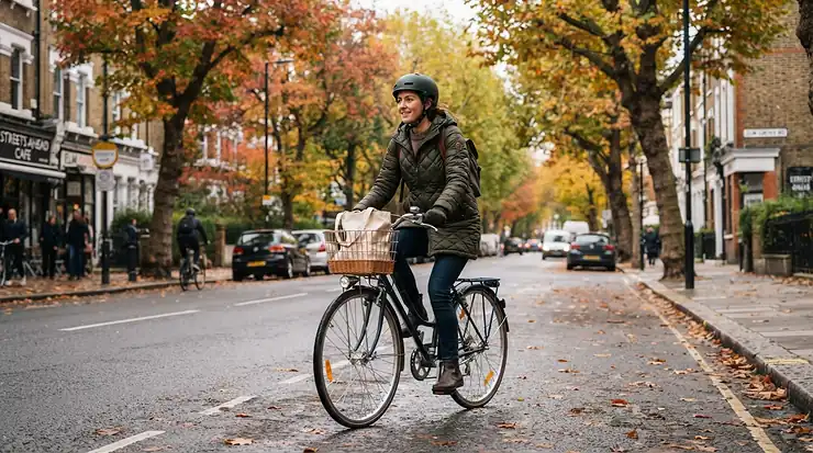 A cyclist riding through city streets in autumn wearing a breathable synthetic puffer jacket men.