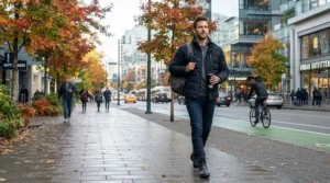 An urban commuter wearing a sleek synthetic puffer jacket men while walking through downtown Seattle in autumn.