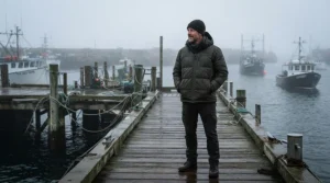 A fisherman standing on a chilly coastal dock wearing a warm synthetic puffer jacket men in high humidity.
