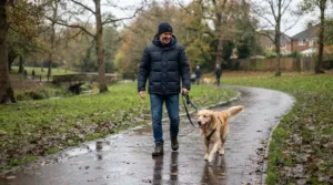 A man walking his dog in a neighborhood park wearing a water resistant synthetic puffer jacket men in light drizzle.