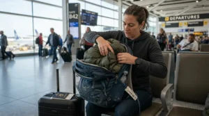 A traveler packing a compressible synthetic puffer jacket men into a carry on backpack at an airport terminal.