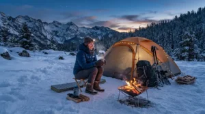 A camper sitting by a tent in the Rockies wearing a primaloft synthetic puffer jacket men for cold weather.