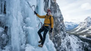 A man wearing a low profile synthetic puffer jacket men layered underneath a shell for alpine climbing.