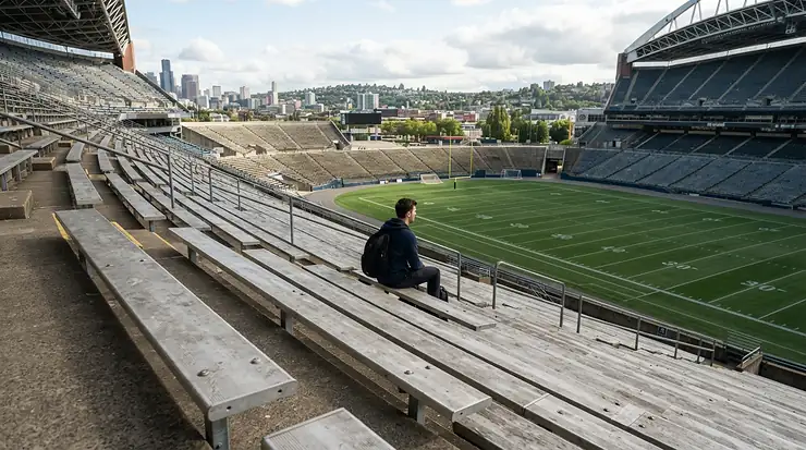 A stylish varsity bomber jacket men worn while watching a high school stadium practice.