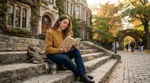 A cool mens varsity bomber jacket worn on a classic red-brick university campus quad.