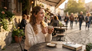 A trendy college style jacket styled for a relaxed weekend hangout at a local coffee shop.