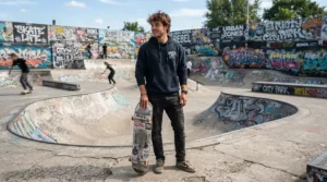 A durable varsity bomber jacket men design photographed at a vibrant urban skatepark.