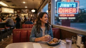 A retro-inspired varsity bomber jacket men sitting inside a classic American diner booth.
