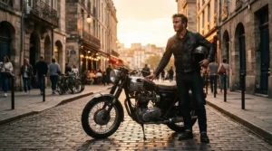 A man wearing a classic brown vintage leather jacket for men while leaning against a motorcycle on a city street.
