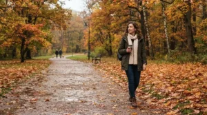 A stylish man modeling a distressed brown vintage leather jacket for men during an autumn afternoon walk.