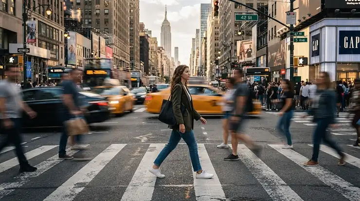 A man walking through a bustling city crosswalk wearing a distressed vintage leather jacket for men.