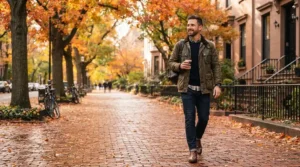 A man styling the best fall jacket men for a casual walk through a city park in autumn.
