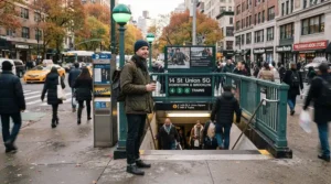 A commuter wearing the best fall jacket men, ideal for crisp morning weather.