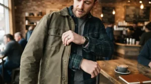 A fall jacket outfit men displaying the best fall jacket men layered over a classic flannel shirt.